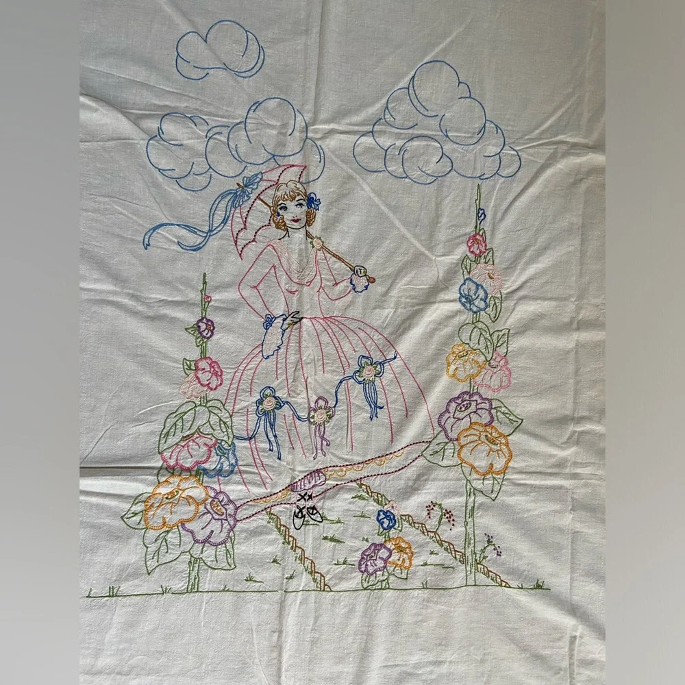 Embroidered BedSpread Tapestry Handmade Vintage Lady with Flowers  74” x 85”‎